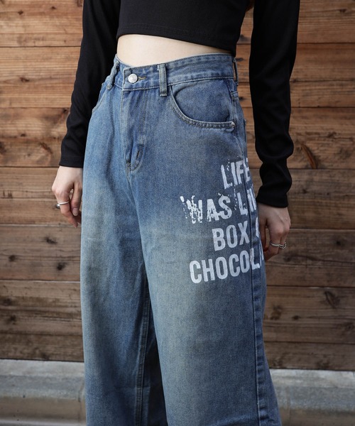 セール】サイドペイントロゴプリント ワイドデニムパンツ（デニム