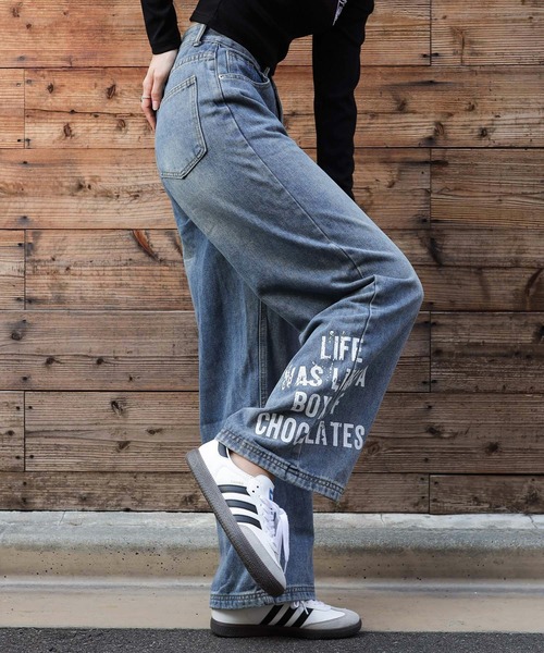 セール】サイドペイントロゴプリント ワイドデニムパンツ（デニム