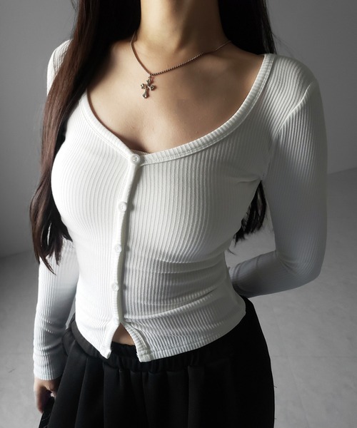 裏微起毛／ 3 color 】フロントボタンタイトリブカットソートップス