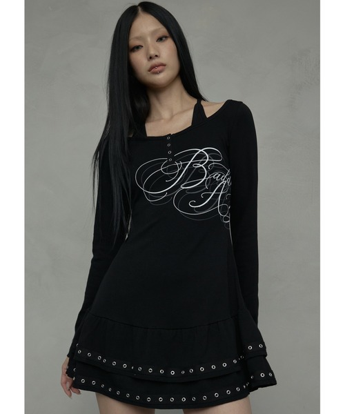 NIIER NOR(ニアノア)の「A'GEM/9 × .kom 『NIIER NOR/ニアノア』 BADDIE ANGEL HALTERNECK DRESS/ホルターネック ボーダーヘンリーネック 長袖Tシャツ(Tシャツ/カットソー・レディース・ブラック/A・FREE)」の2枚目の写真