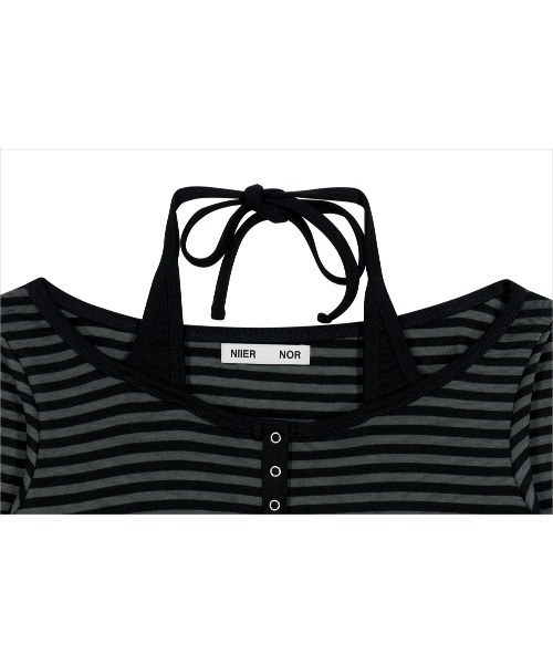NIIER NOR(ニアノア)の「A'GEM/9 × .kom 『NIIER NOR/ニアノア』 BADDIE ANGEL HALTERNECK DRESS/ホルターネック ボーダーヘンリーネック 長袖Tシャツ(Tシャツ/カットソー・レディース・ブラック/A・FREE)」の17枚目の写真
