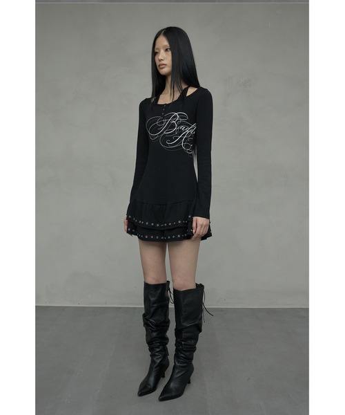 NIIER NOR(ニアノア)の「A'GEM/9 × .kom 『NIIER NOR/ニアノア』 BADDIE ANGEL HALTERNECK DRESS/ホルターネック ボーダーヘンリーネック 長袖Tシャツ(Tシャツ/カットソー・レディース・ブラック/A・FREE)」の6枚目の写真
