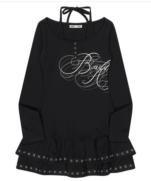NIIER NOR(ニアノア)の「A'GEM/9 × .kom 『NIIER NOR/ニアノア』 BADDIE ANGEL HALTERNECK DRESS/ホルターネック ボーダーヘンリーネック 長袖Tシャツ(Tシャツ/カットソー・レディース・ブラック/A・FREE)」の11枚目の写真