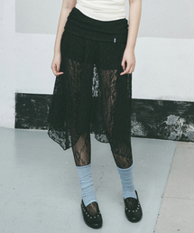 LACE SHIRRING FLARE MIDI SKIRT_BLACK