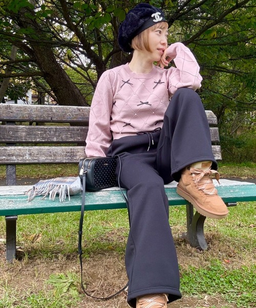 Belle Cie（ベルシー）の「パールリボン透かし編みダイヤ柄ニット（ニット/セーター・レディース・ホワイト/グレー/ピンク・FREE）」の3枚目の写真
