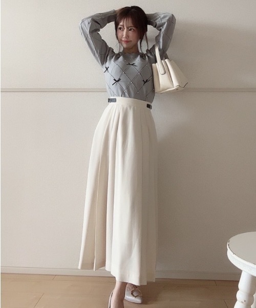 Belle Cie（ベルシー）の「パールリボン透かし編みダイヤ柄ニット（ニット/セーター・レディース・ホワイト/グレー/ピンク・FREE）」の10枚目の写真