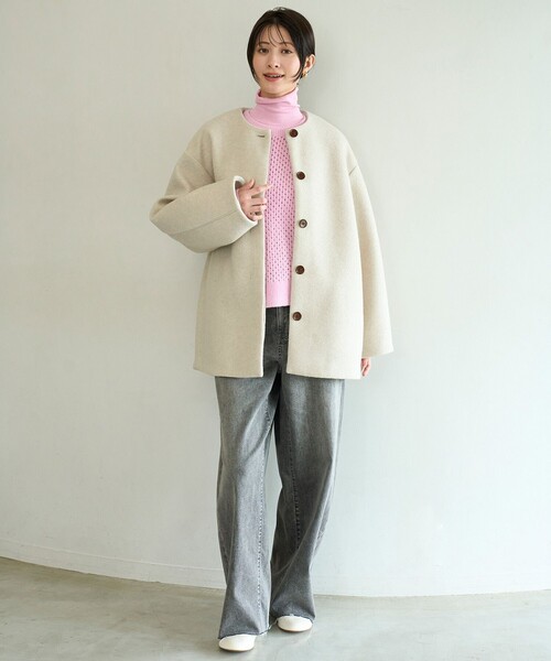 UNFILO（アンフィーロ）の「ボンディング フォルムコート（ノーカラーコート・レディース・ブラック系1/ネイビー系/ベージュ系・X-LARGE）」の11枚目の写真