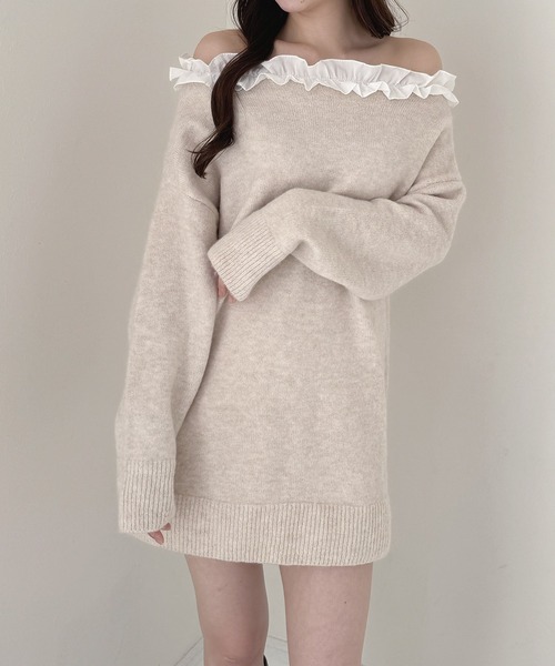 frunco（フランコ）の「フリルニットミニワンピース（ワンピース・レディース・ホワイト/ブラック/ベージュ/グレー・FREE）」の4枚目の写真