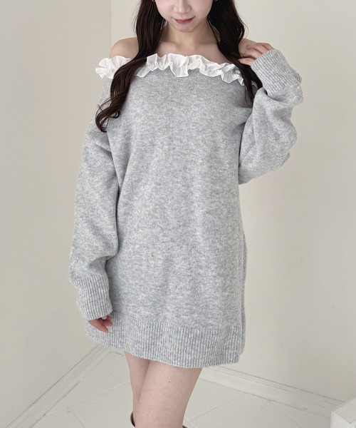 frunco（フランコ）の「フリルニットミニワンピース（ワンピース・レディース・ホワイト/ブラック/ベージュ/グレー・FREE）」の3枚目の写真