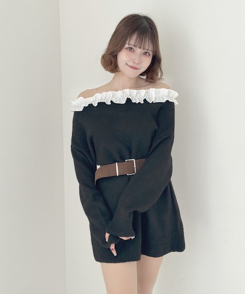 frunco（フランコ）の「フリルニットミニワンピース（ワンピース・レディース・ホワイト/ブラック/ベージュ/グレー・FREE）」の2枚目の写真