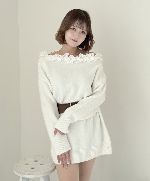 frunco（フランコ）の「フリルニットミニワンピース（ワンピース・レディース・ホワイト/ブラック/ベージュ/グレー・FREE）」の5枚目の写真