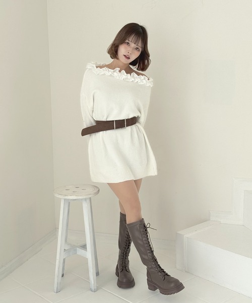 frunco（フランコ）の「フリルニットミニワンピース（ワンピース・レディース・ホワイト/ブラック/ベージュ/グレー・FREE）」の6枚目の写真