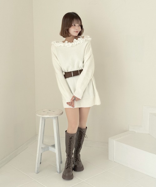 frunco（フランコ）の「フリルニットミニワンピース（ワンピース・レディース・ホワイト/ブラック/ベージュ/グレー・FREE）」の7枚目の写真