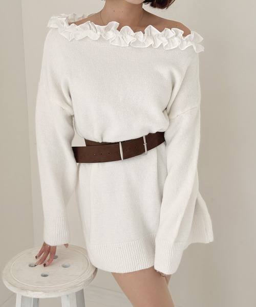 frunco（フランコ）の「フリルニットミニワンピース（ワンピース・レディース・ホワイト/ブラック/ベージュ/グレー・FREE）」の8枚目の写真