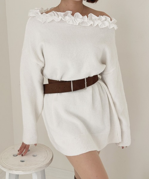 frunco（フランコ）の「フリルニットミニワンピース（ワンピース・レディース・ホワイト/ブラック/ベージュ/グレー・FREE）」の9枚目の写真