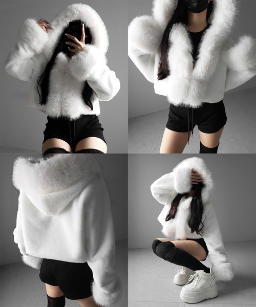 me+em select(ミームセレクト)の「【 2color 】フェイクファーフードレディーショートコート / fake fur hoodec lady short coat(その他アウター・レディース・ブラック/ホワイト・FREE)」の17枚目の写真