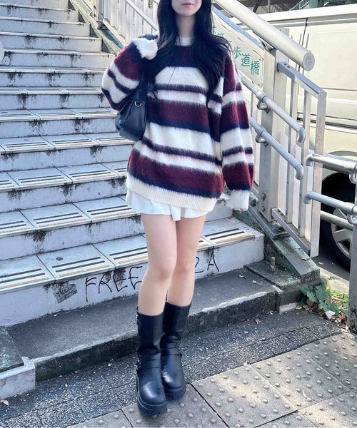 INGNI(イング)の「マルチボーダーシャギーチュニックニット(ニット/セーター・レディース・アイボリー/ネイビー・M)」の8枚目の写真