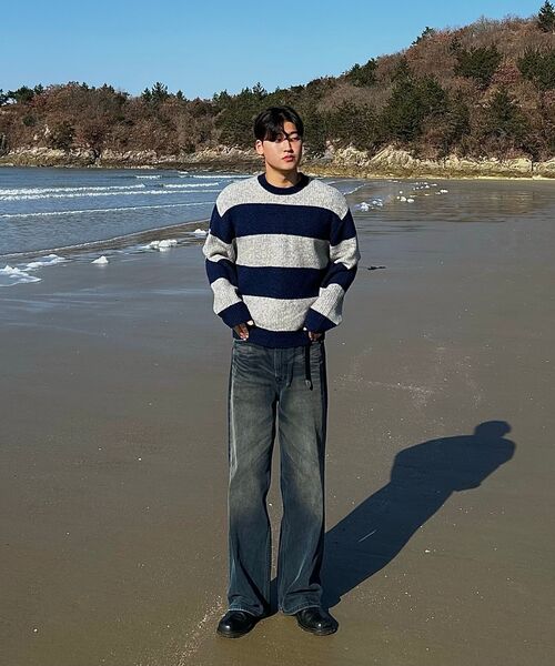 POKER FACE（ポーカーフェイス）の「BLOCK ROUND NECK KINT GREY/NAVY（ニット/セーター・メンズ・ライトグレー・46/48/50）」の6枚目の写真