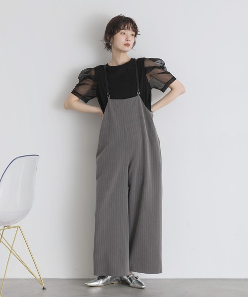 Yeoun(ヨウン)の「ストライプワイドサロペット(サロペット/オーバーオール・レディース・ネイビー/グレー・M)」の2枚目の写真