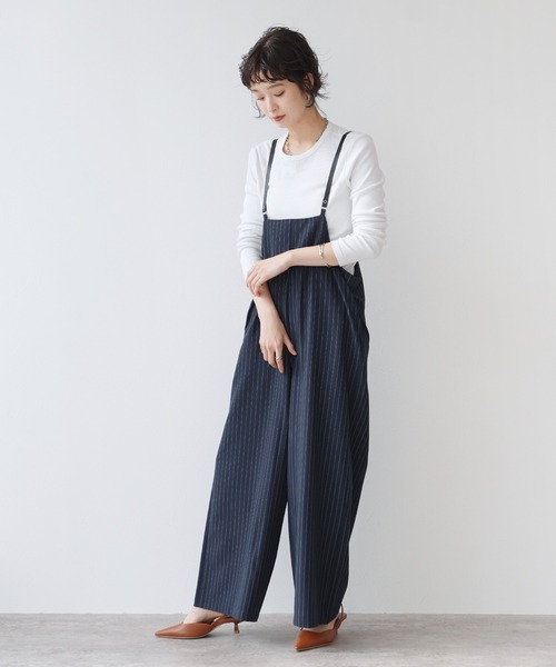 Yeoun(ヨウン)の「ストライプワイドサロペット(サロペット/オーバーオール・レディース・ネイビー/グレー・M)」の3枚目の写真