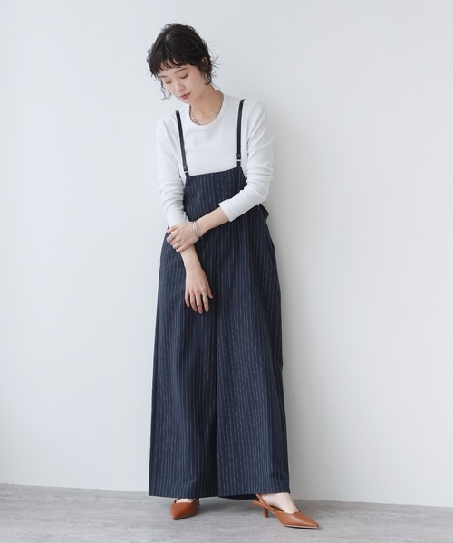 Yeoun(ヨウン)の「ストライプワイドサロペット(サロペット/オーバーオール・レディース・ネイビー/グレー・M)」の8枚目の写真