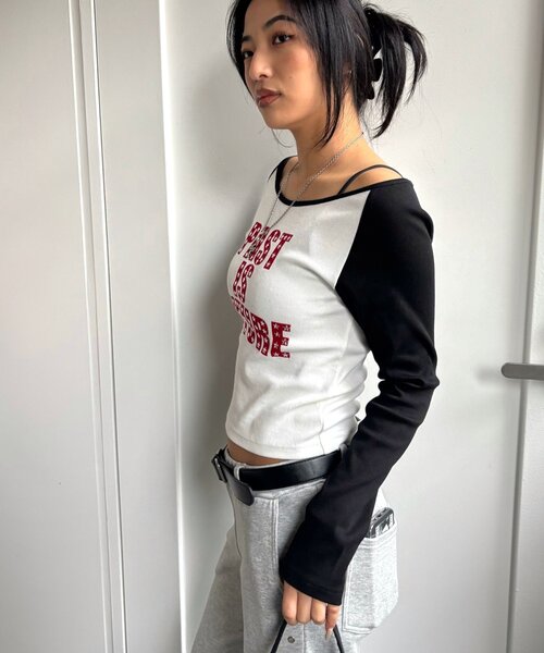 WHO'S WHO gallery(フーズフーギャラリー)の「STAR STUDS RAGLAN LOG TOPS(Tシャツ/カットソー・レディース・グレー/ブラック/カーキ/ネイビー・FREE)」の7枚目の写真