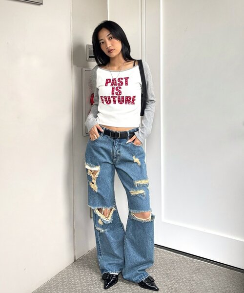 WHO'S WHO gallery（フーズフーギャラリー）の「スタースタッズラグランロゴトップス（Tシャツ/カットソー・レディース・グレー/ブラック/カーキ/ネイビー・FREE）」の19枚目の写真