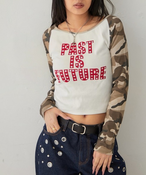 WHO'S WHO gallery(フーズフーギャラリー)の「STAR STUDS RAGLAN LOG TOPS(Tシャツ/カットソー・レディース・グレー/ブラック/カーキ/ネイビー・FREE)」の3枚目の写真