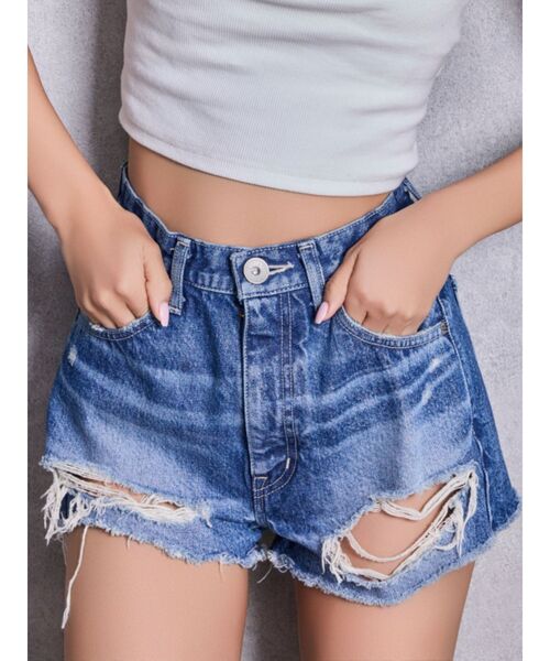 GYDA(ジェイダ)の「ハイウエストBACK RIPPEDデニムショートパンツ(デニムパンツ・レディース・ブラック/ブルー/インディゴブルー・LARGE/MEDIUM/SMALL/X-SMALL)」の3枚目の写真