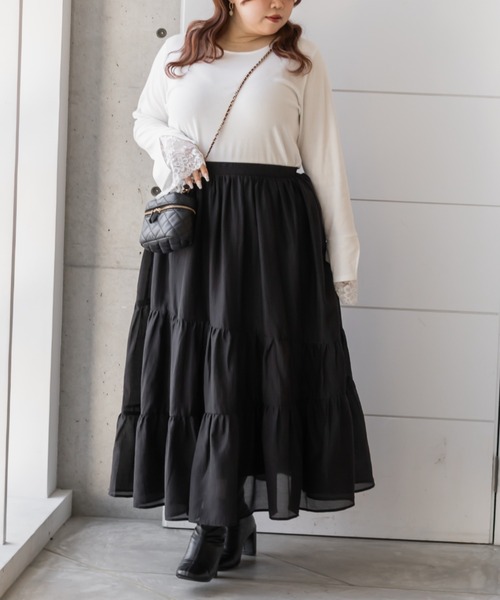 CLETTE(クレット)の「CLETTEオリジナルななめティアードシアースカート(スカート・レディース・ブラック/カーキ/グレイッシュベージュ・4L/3L/LL)」の5枚目の写真