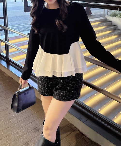 SOELA(ソエラ)の「【INGNI SOELA】アシメ異素材ペプラムトップス/WEB限定(Tシャツ/カットソー・レディース・ブラック/オフホワイト・FREE)」の9枚目の写真