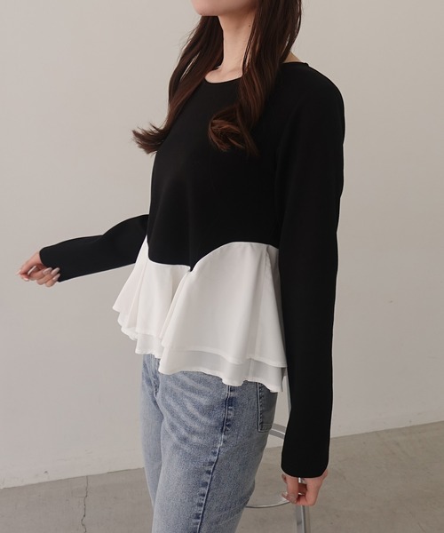 SOELA(ソエラ)の「【INGNI SOELA】アシメ異素材ペプラムトップス/WEB限定(Tシャツ/カットソー・レディース・ブラック/オフホワイト・FREE)」の14枚目の写真