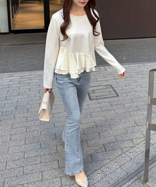 SOELA(ソエラ)の「【INGNI SOELA】アシメ異素材ペプラムトップス/WEB限定(Tシャツ/カットソー・レディース・ブラック/オフホワイト・FREE)」の13枚目の写真