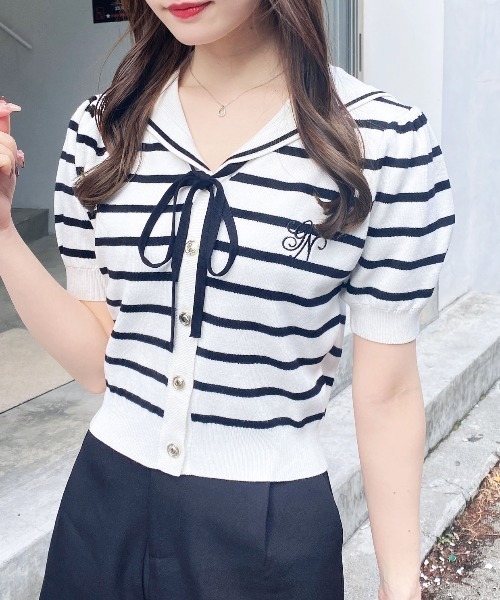 INGNI(イング)の「セーラーカラー配色ニットカーディガン(カーディガン/ボレロ・レディース・ホワイト×ネイビー/ホワイト系その他4/ネイビー系・M)」の1枚目の写真
