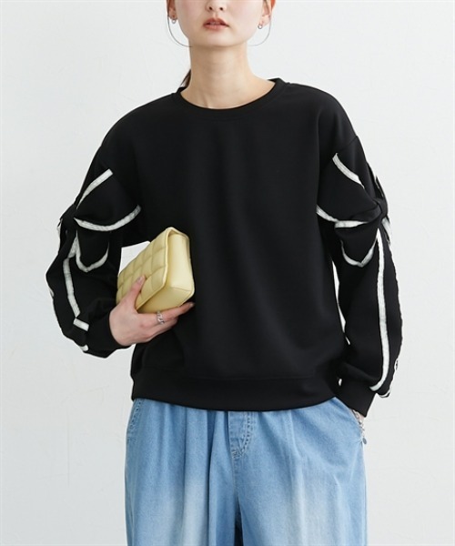 nissen（ニッセン）の「袖リボン配色ダンボールトップス（Tシャツ/カットソー・レディース・ブラック/杢グレー・L/M）」の2枚目の写真