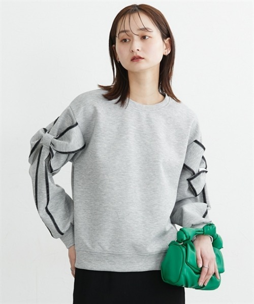 nissen（ニッセン）の「袖リボン配色ダンボールトップス（Tシャツ/カットソー・レディース・ブラック/杢グレー・L/M）」の3枚目の写真