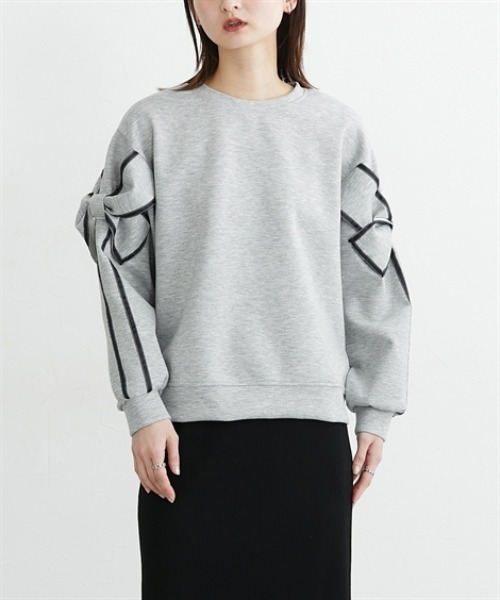 nissen（ニッセン）の「袖リボン配色ダンボールトップス（Tシャツ/カットソー・レディース・ブラック/杢グレー・L/M）」の4枚目の写真