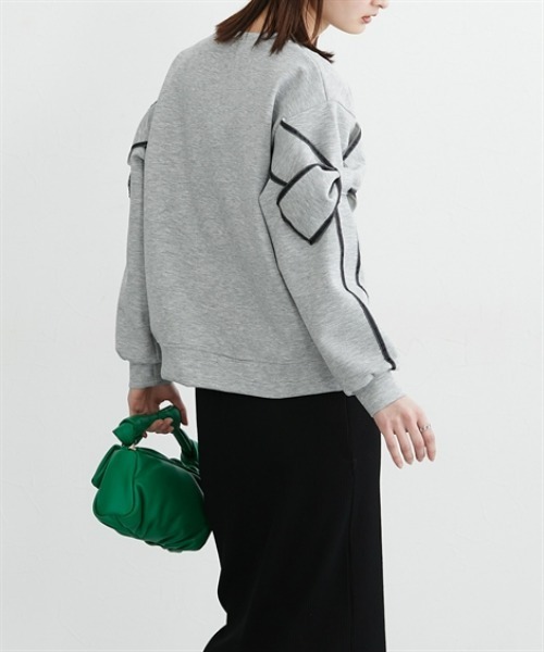 nissen（ニッセン）の「袖リボン配色ダンボールトップス（Tシャツ/カットソー・レディース・ブラック/杢グレー・L/M）」の5枚目の写真