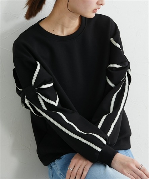 nissen（ニッセン）の「袖リボン配色ダンボールトップス（Tシャツ/カットソー・レディース・ブラック/杢グレー・L/M）」の10枚目の写真