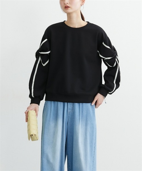 nissen（ニッセン）の「袖リボン配色ダンボールトップス（Tシャツ/カットソー・レディース・ブラック/杢グレー・L/M）」の11枚目の写真