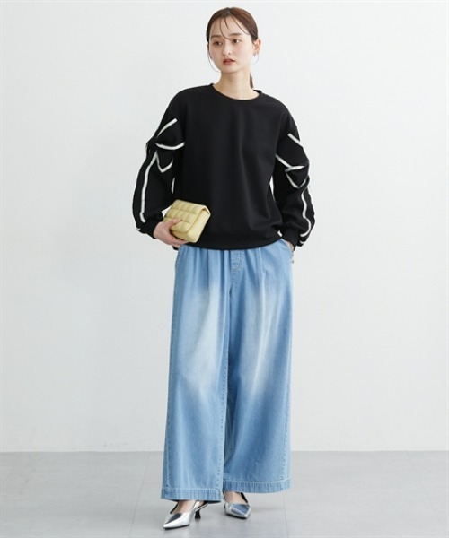 nissen（ニッセン）の「袖リボン配色ダンボールトップス（Tシャツ/カットソー・レディース・ブラック/杢グレー・L/M）」の12枚目の写真