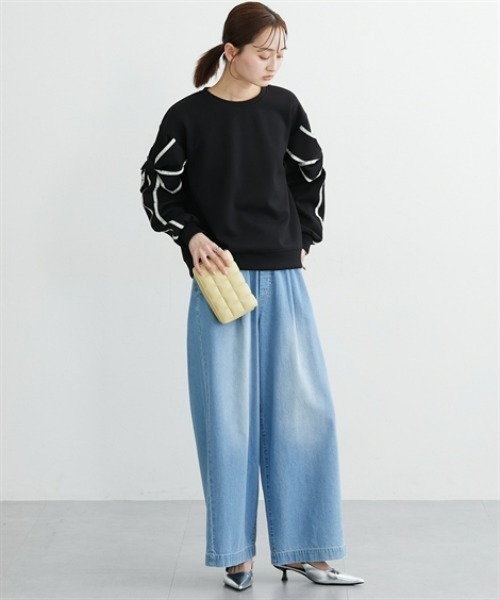 nissen（ニッセン）の「袖リボン配色ダンボールトップス（Tシャツ/カットソー・レディース・ブラック/杢グレー・L/M）」の13枚目の写真