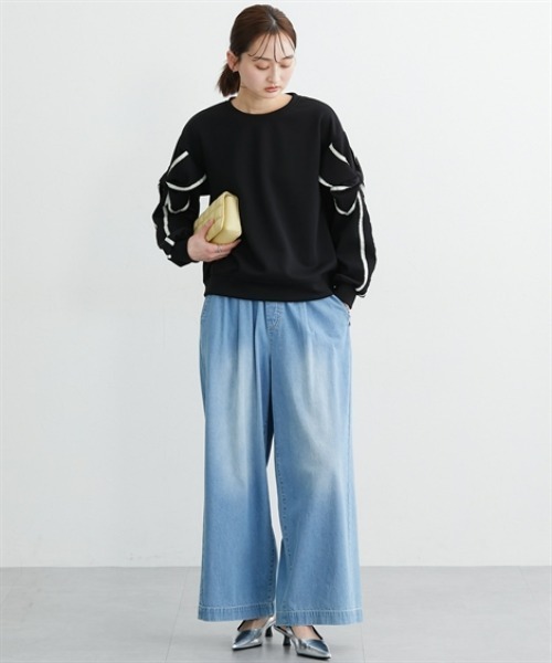 nissen（ニッセン）の「袖リボン配色ダンボールトップス（Tシャツ/カットソー・レディース・ブラック/杢グレー・L/M）」の14枚目の写真