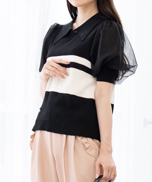Neige(ネージュ)の「エアリーぽわん袖ニット(ニット/セーター・レディース・ブラック×ホワイト・ONE SIZE)」の3枚目の写真