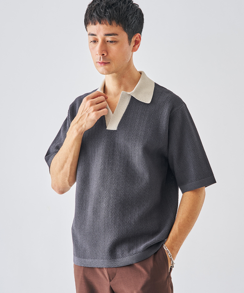 EDIFICE（エディフィス）の「スキッパー ポロニット（ポロシャツ・メンズ・ネイビー/チャコールグレー/グレー・MEDIUM/LARGE）」の6枚目の写真