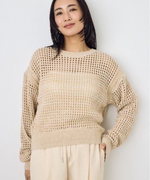 AZUL by moussy(アズールバイマウジー)の「【身長/骨格別着用画像あり】クロップドメッシュニット メッシュトップス 春服 夏服 秋服 レイヤード サマーニット(ニット/セーター・レディース・ライトブルー/ブラック/ベージュ・MEDIUM/SMALL)」の3枚目の写真