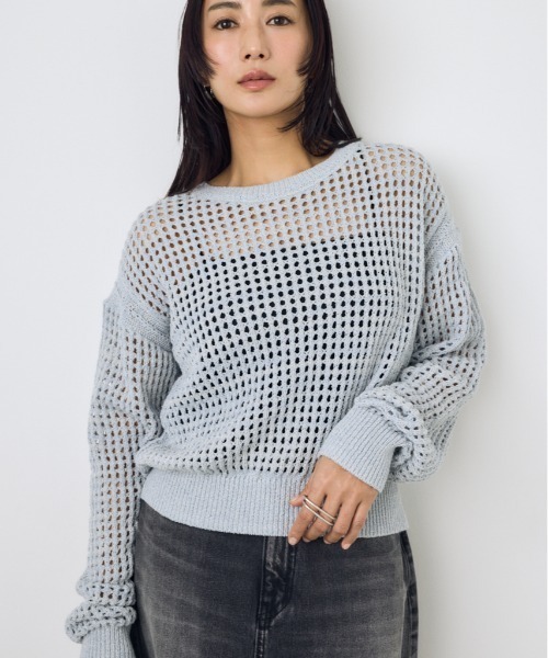 AZUL by moussy(アズールバイマウジー)の「【身長/骨格別着用画像あり】クロップドメッシュニット メッシュトップス 春服 夏服 秋服 レイヤード サマーニット(ニット/セーター・レディース・ライトブルー/ブラック/ベージュ・MEDIUM/SMALL)」の1枚目の写真