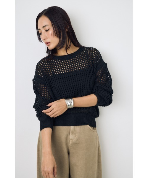 AZUL by moussy(アズールバイマウジー)の「【身長/骨格別着用画像あり】クロップドメッシュニット メッシュトップス 春服 夏服 秋服 レイヤード サマーニット(ニット/セーター・レディース・ライトブルー/ブラック/ベージュ・MEDIUM/SMALL)」の5枚目の写真