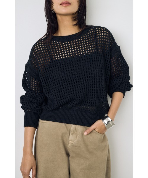 AZUL by moussy(アズールバイマウジー)の「【身長/骨格別着用画像あり】クロップドメッシュニット メッシュトップス 春服 夏服 秋服 レイヤード サマーニット(ニット/セーター・レディース・ライトブルー/ブラック/ベージュ・MEDIUM/SMALL)」の6枚目の写真