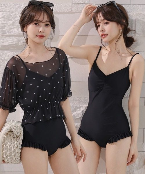 TeddyShop(テディショップ)の「【3wayオフショルorワンショル/五分袖】ぽわん袖シアーペプラム風トップス+フリルオールインワンスイムウェア 上下2点セット レディース水着(水着・レディース・ブラック×ブルー/ブラック系その他/ホワイト系その他・L/M/S)」の1枚目の写真